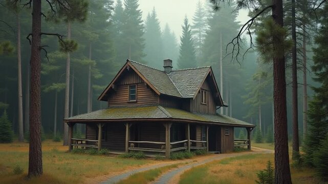 old retro village in pine forest