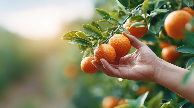 Hand picking ripe tangerines from a tree in a sunny garden, symbolizing the harvest, organic farming and fresh citrus fruits in a natural environment.