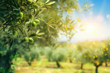 Olive tree branches with green olives under bright sunlight in a scenic grove