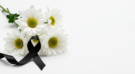 Elegant daisies with a symbolic black ribbon against a plain white canvas