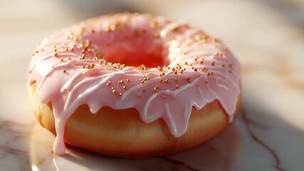 A pink frosted doughnut with sprinkles on top. The doughnut is sitting on a marble countertop - Powered by Adobe