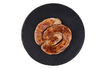 Grilled Sausage Spiral, Slate Plate, isolated on white background