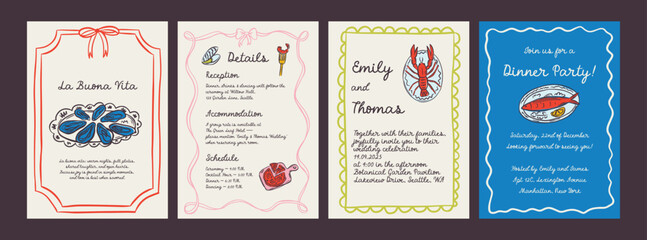 Whimsical hand drawn sea food poster and menu template in trendy whimsical style. Perfect doodle for quirky italian dinner  restaurant and cafe, kitchen wall art, poster,  party, birthday, sign