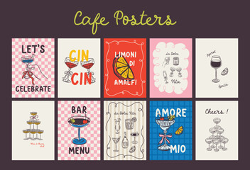 Whimsical hand drawn cocktails poster and menu template in trendy whimsical style. Perfect doodle for quirky italian dinner  restaurant and cafe, kitchen wall art, poster,  party, birthday, sign