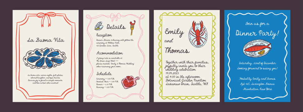 Whimsical hand drawn sea food poster and menu template in trendy whimsical style. Perfect doodle for quirky italian dinner  restaurant and cafe, kitchen wall art, poster,  party, birthday, sign