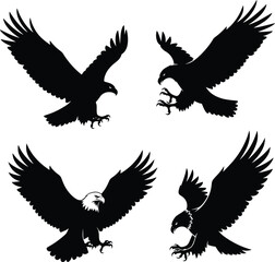 Eagle silhouette set featuring soaring, diving, and frontal attack poses with spread wings and talons for design and merch use