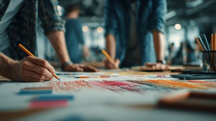 Young creative woman drawing on large paper with pens while surrounded by male colleagues in a bright, modern studio space