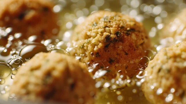 Crispy golden falafel ball frying in hot oil, closeup of textured surface and bubbling oil, savory and crunchy street food snack, homemade preparation, delicious appetizer