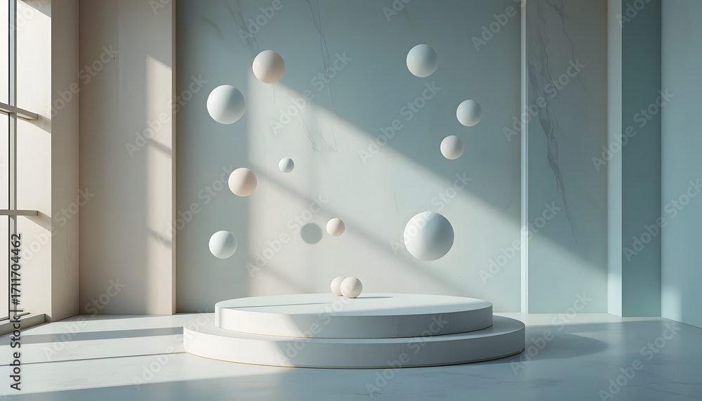 Poster modern minimalist scene with floating spheres and soft light, perfect for product displays and abstr
