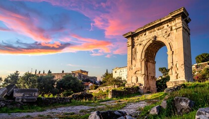 Fototapeta premium Ancient archway at sunset over ruins