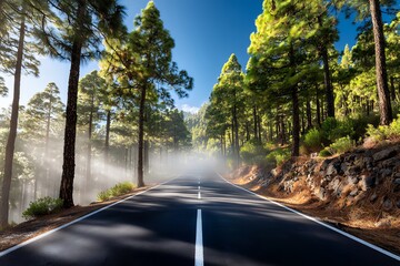 Obraz premium Scenic pine forest road with misty horizon in sunlight