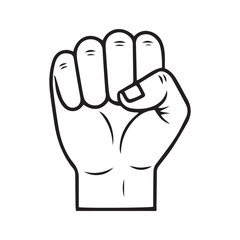 Black and white line art icon of a clenched fist isolated on white background