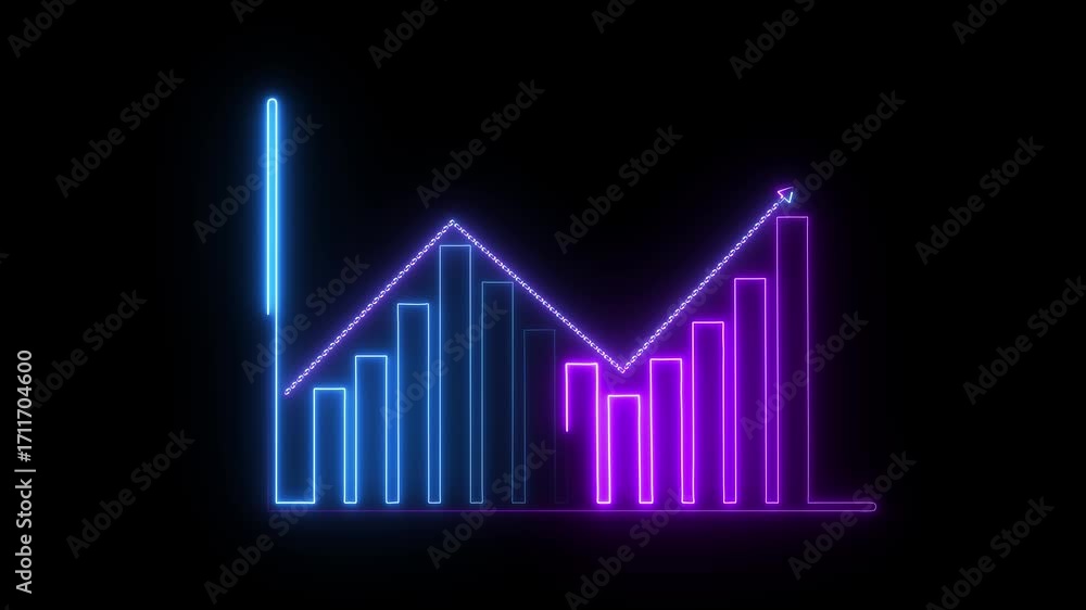 Poster neon moving business graph icon , rising graph with arrow icon animation ob black background.