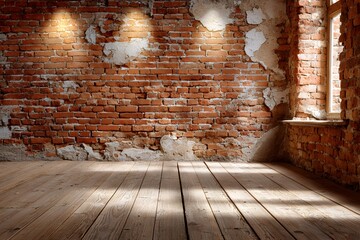 Rustic room with exposed brick wall and wooden floor in natural lighting