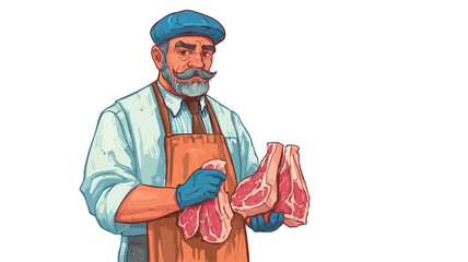 An illustration depicting a senior male butcher wearing a beret, apron, and gloves.  He is holding two cuts of meat, possibly lamb chops or steaks, in his hands.