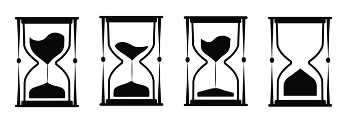 Set of colorful hourglasses vector icons. Sandglass timer symbol for passage of time, deadline, and countdown. Simple flat cartoon illustration of sand clock collection