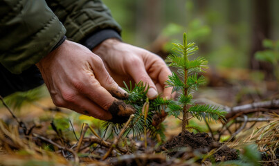 Planting saplings in a forest restoration project during autumn for a greener future