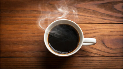Steaming Cup of Black Coffee on Wooden Table – Top View