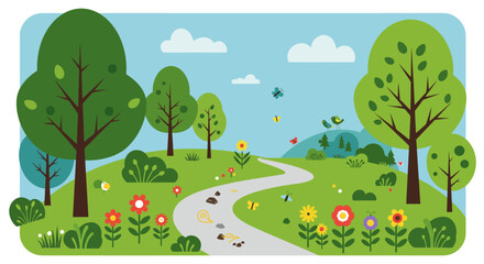 Naklejka premium Charming cartoon landscape with winding path trees flowers and blue sky scenic outdoors