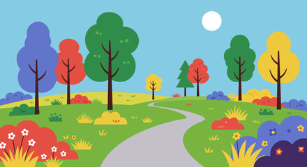 Colorful cartoon nature scene with winding path trees and flowers in daytime
