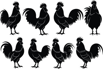 Rooster silhouette set featuring eight stylized poses with varied tail feathers, comb shapes, and postures for farm-themed design use