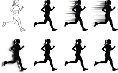 Running silhouette set, black, artistic motion styles with speed lines, halftone, outline, vector, isolated, movement bundle
