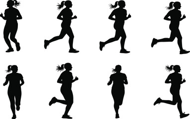 Running silhouette set, black, ponytail athlete in motion sequence, dynamic leg and arm phases, vector, isolated, sports bundle