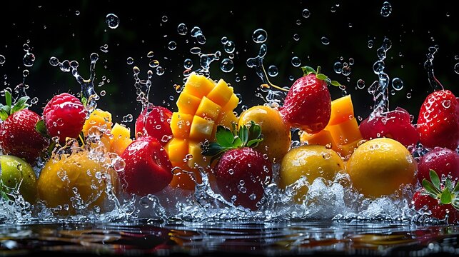 Vibrant fruit splash with mango, strawberries, and citrus creating a refreshing summer vibe