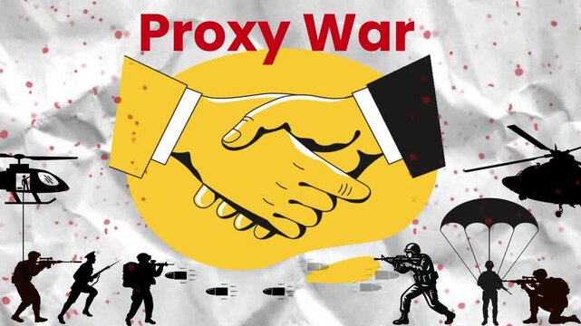 Proxy War Illustration: A symbolic illustration representing a proxy war, depicting two hands shaking with military elements around, highlighting the complex dynamics of conflict.