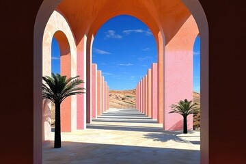 Fototapeta premium Pink Archway Hallway to Desert Landscape under Bright Sky