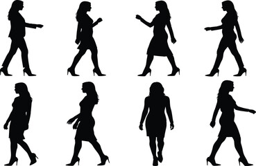 Walking silhouette set, black, high heel and dress poses, motion sequence, vector, isolated, fashion bundle, movement icons