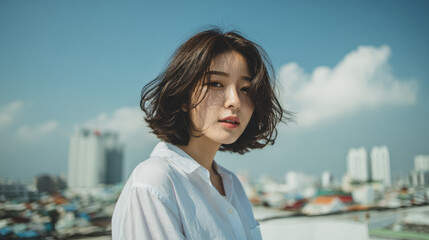 young asian woman posing to camera in the street