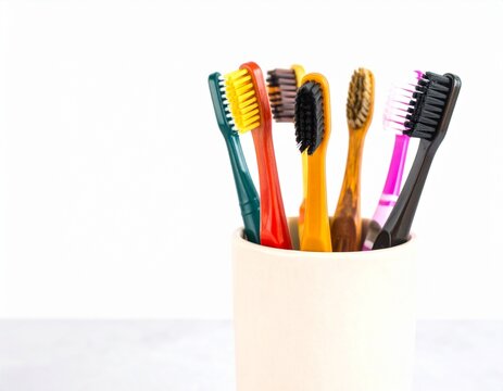 Assortment of colorful toothbrushes standing in a holder, representing dental hygiene and personal care.