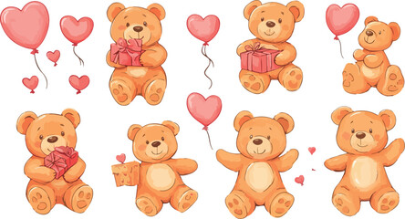 Fototapeta premium Adorable watercolor teddy bears holding hearts and balloons for valentine s day celebration and love themes