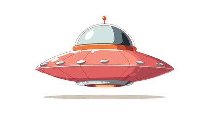 Naklejka premium A cartoon illustration of a flying saucer against a white background. The saucer is primarily coral/light red with orange accents around the dome and base. The dome is transparent showing 