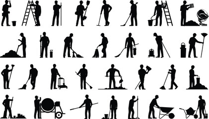 Silhouette construction workers with tools, building labor icons, industrial job activities, black figures working equipment, urban development design isolated white background illustration © Rifat Creatives