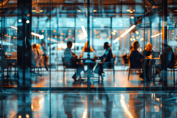 Busy cafe scene with people engaging in conversation during evening hours in a modern urban setting