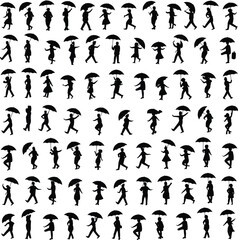Silhouette people holding umbrellas walking running standing jumping in rain, creative grid pattern design, black figures isolated white background illustration