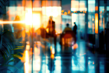 Fototapeta premium Sunset glow creates warm atmosphere in modern office space with silhouettes of people interacting