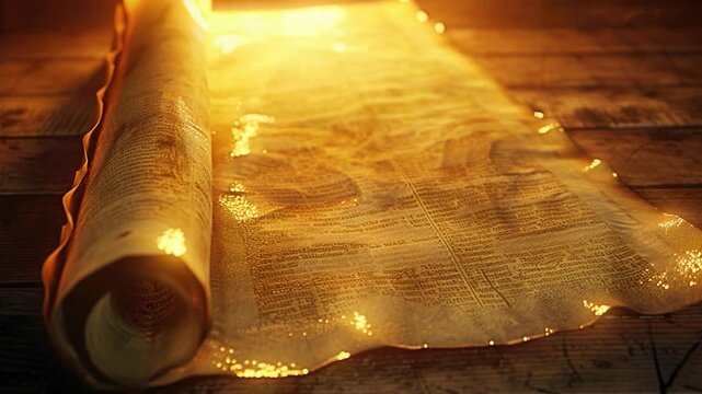 A roll of parchment sits on a wooden floor, ready for use