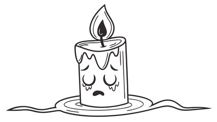 Cartoon illustration of a sad melting candle with tears and a sorrowful expression in black and white
