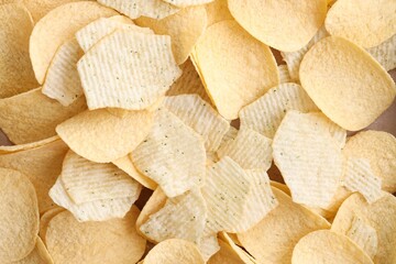 Homemade Flavored Paprika Potato Chips in a Bowl, top view. Flat lay