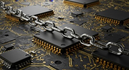 Interconnected metal chain securely linking components on futuristic circuit board