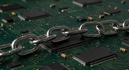 Secure Network: Metal Chain on Circuit Board for Cyber Security Protection