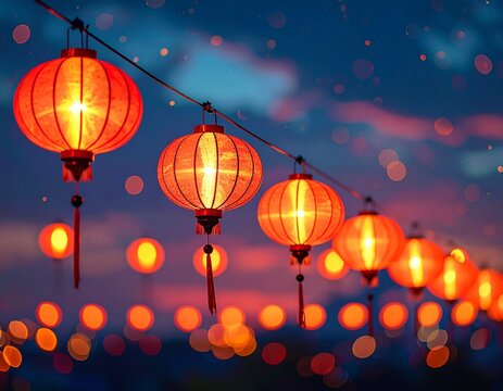Magical Glowing Lanterns and Warm Bokeh Lights against a Dark Night Sky, Creating a Dreamy and Romantic Festival Background with a Festive, Cozy Mood