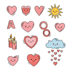 Cute doodle hearts sun cloud candles and an alphabet letter.