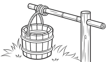 Illustration of a traditional wooden well with a bucket and rope, set against a simplistic grass background