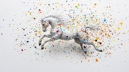 A vibrant, artistic depiction of a galloping horse surrounded by colorful splashes of paint, creating a dynamic and lively effect.