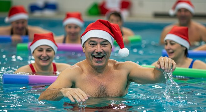 Happy man in santa hat doing water aerobics group exercise class. People celebrate Christmas holiday in indoor swimming pool. Festive aqua fitness.