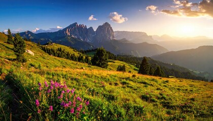 Scenic Mountain Meadow with Purple Wildflowers and Jagged Peaks at Sunrise in Dolomite Italy Breathtaking Vista Golden Sunlight Lush Green Grassland